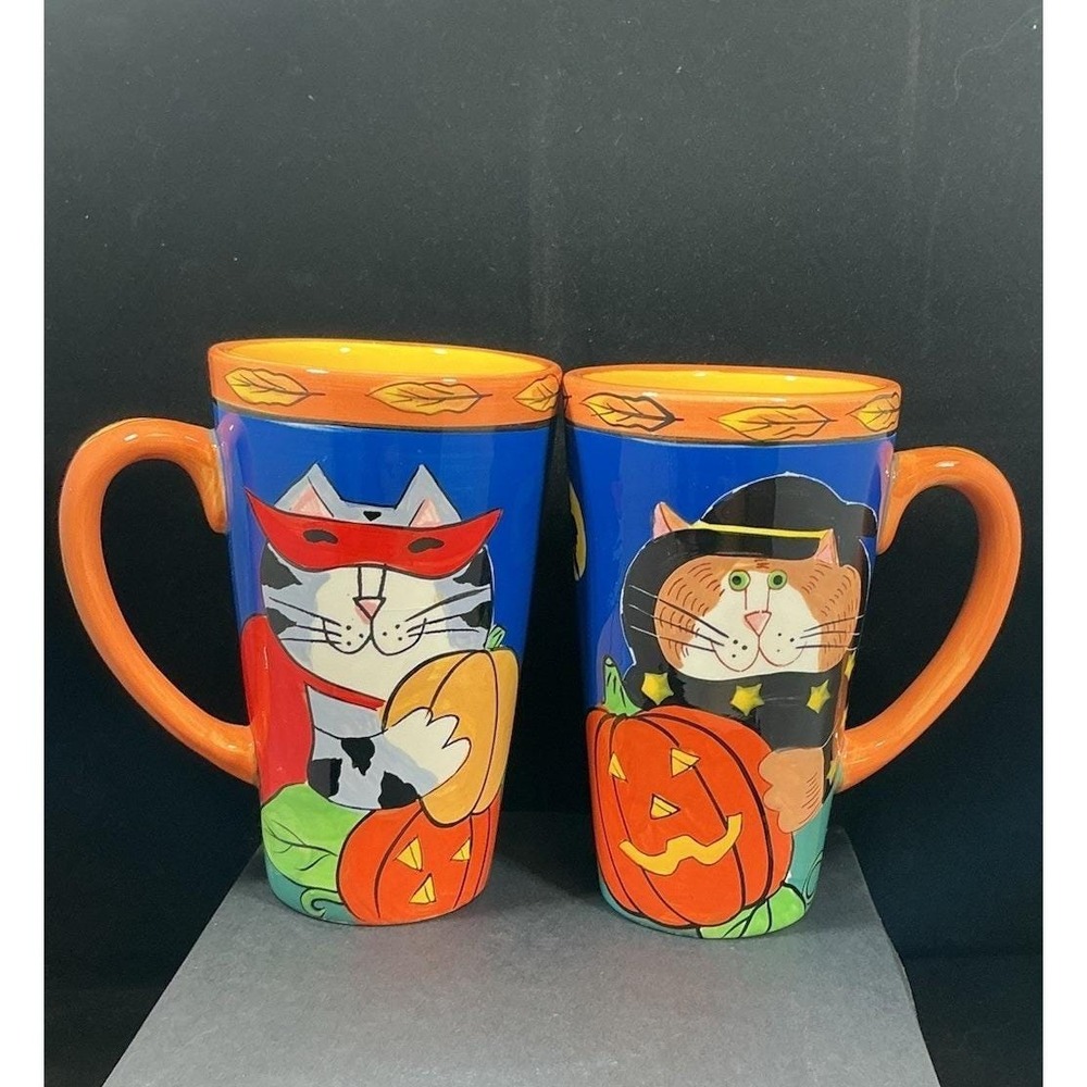 Catzilla Candace Reiter Halloween Cat Pumpkin Latte Mugs Set of 2 Hand Painted